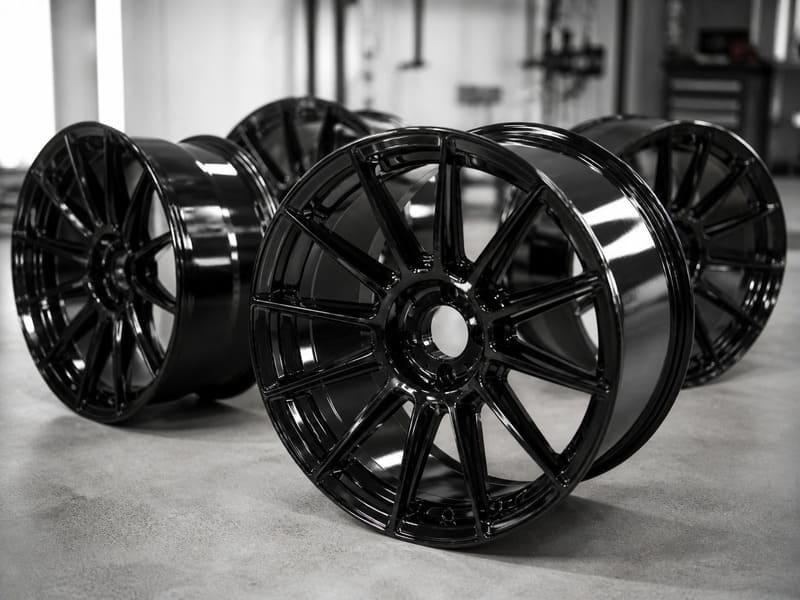 Gloss black wheels with a powder-coated finish