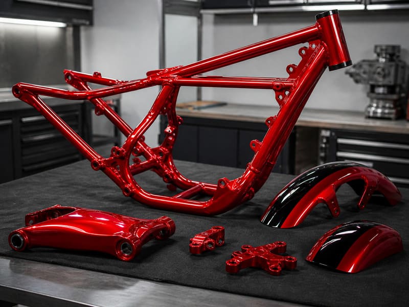 Red-coated motorcycle frame and matching metal parts