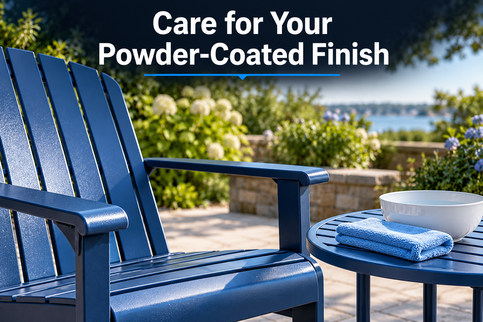 Blue outdoor chair and table with a soft cloth beneath the headline Care for Your Powder-Coated Finish.