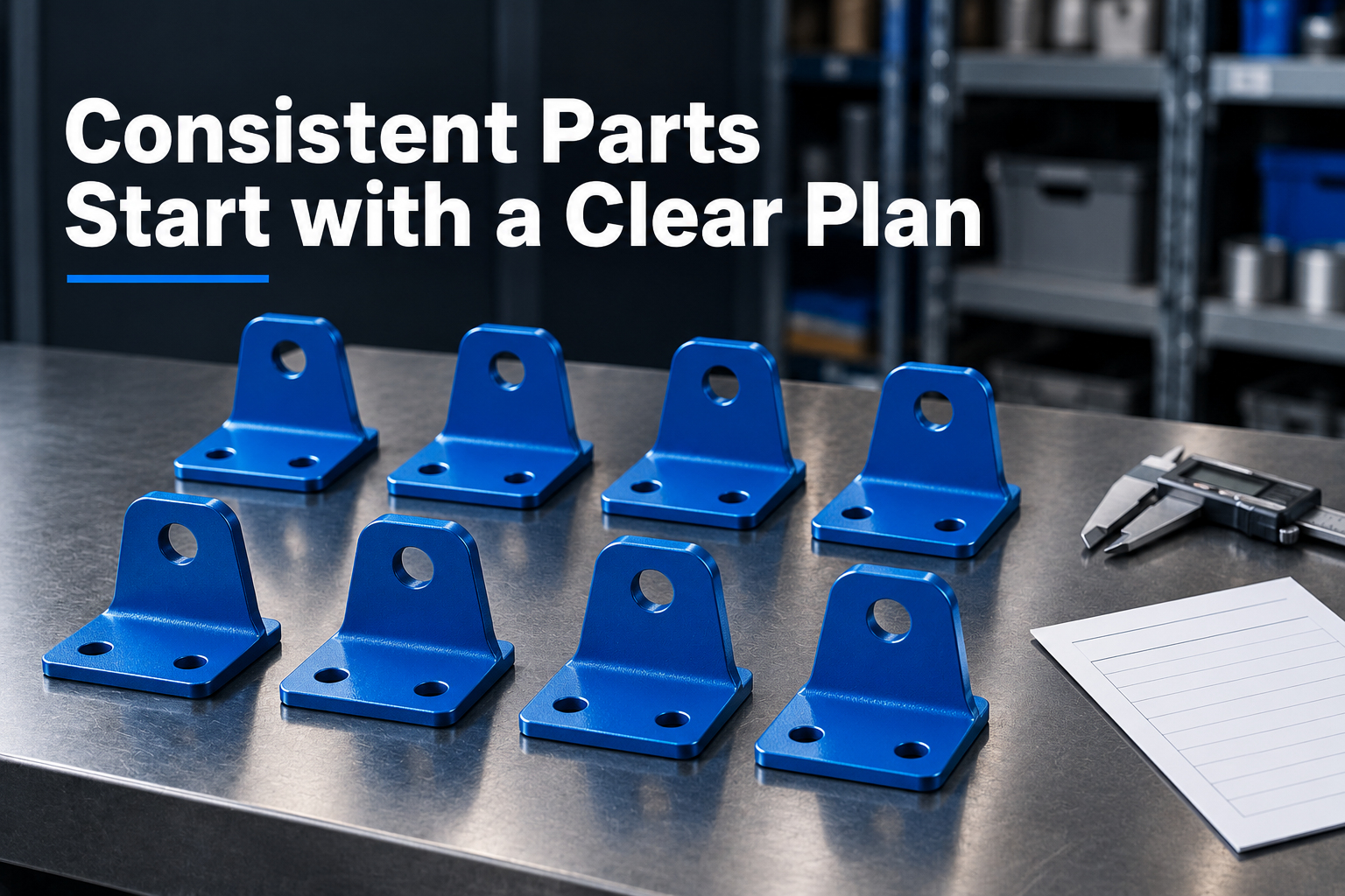 Eight blue metal brackets arranged in rows beneath the headline Consistent Parts Start with a Clear Plan.