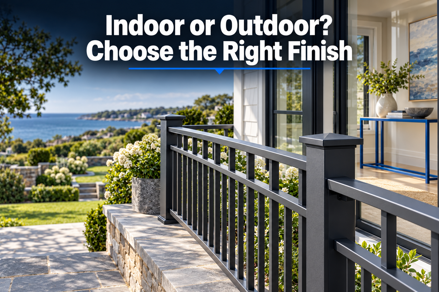 Charcoal exterior railing and blue indoor console beneath the headline Indoor or Outdoor Choose the Right Finish.